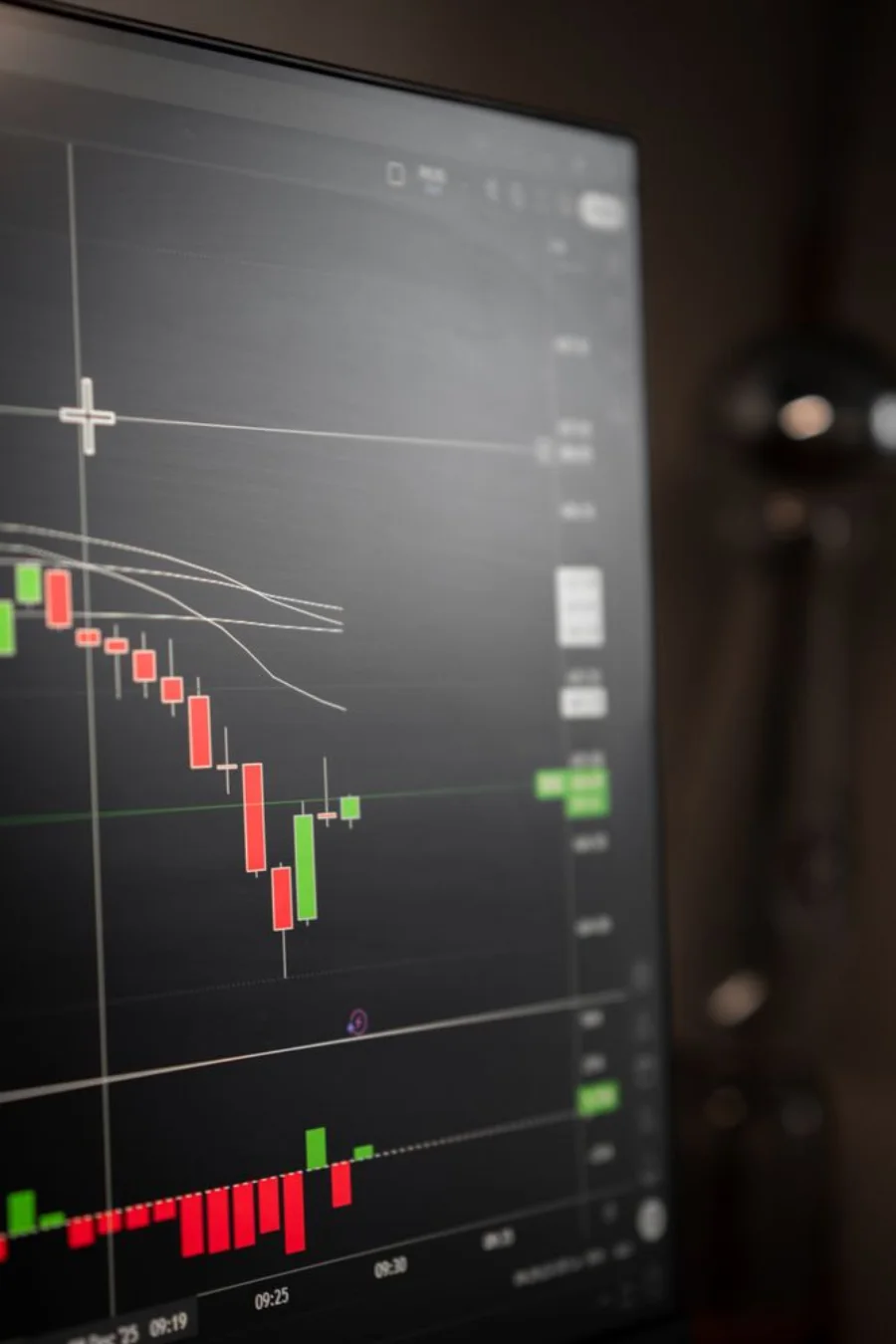 Gráfico candlestick con indicadores técnicos en una plataforma de trading