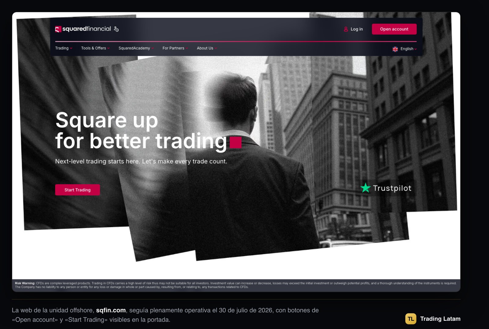 Captura de la portada de sqfin.com, la web de la unidad offshore de Squared Financial, con los botones Open account y Start Trading visibles