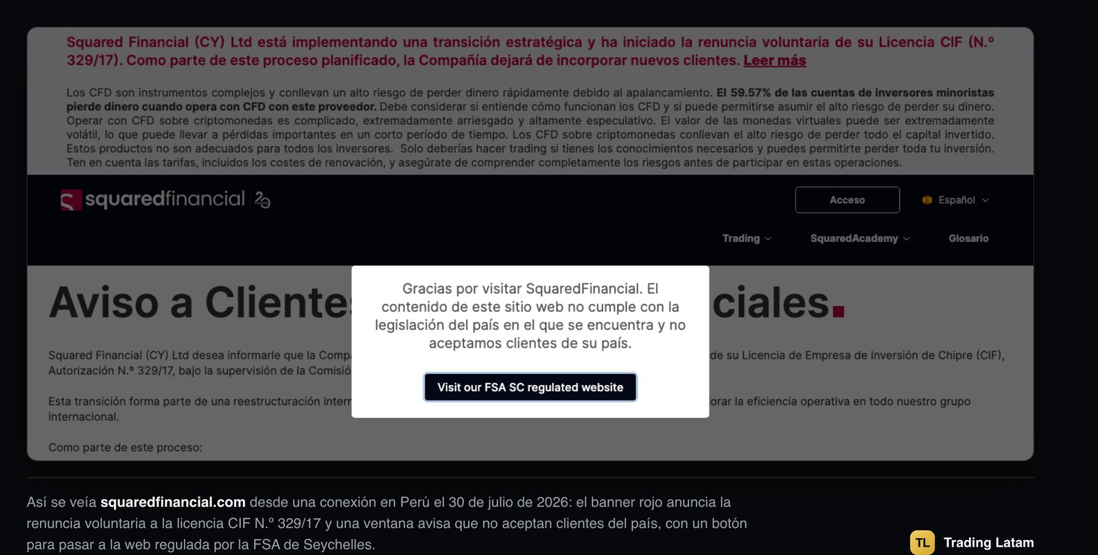 Captura de squaredfinancial.com desde Perú: banner que anuncia la renuncia voluntaria a la licencia CIF 329/17 y ventana que redirige a la web regulada por la FSA de Seychelles