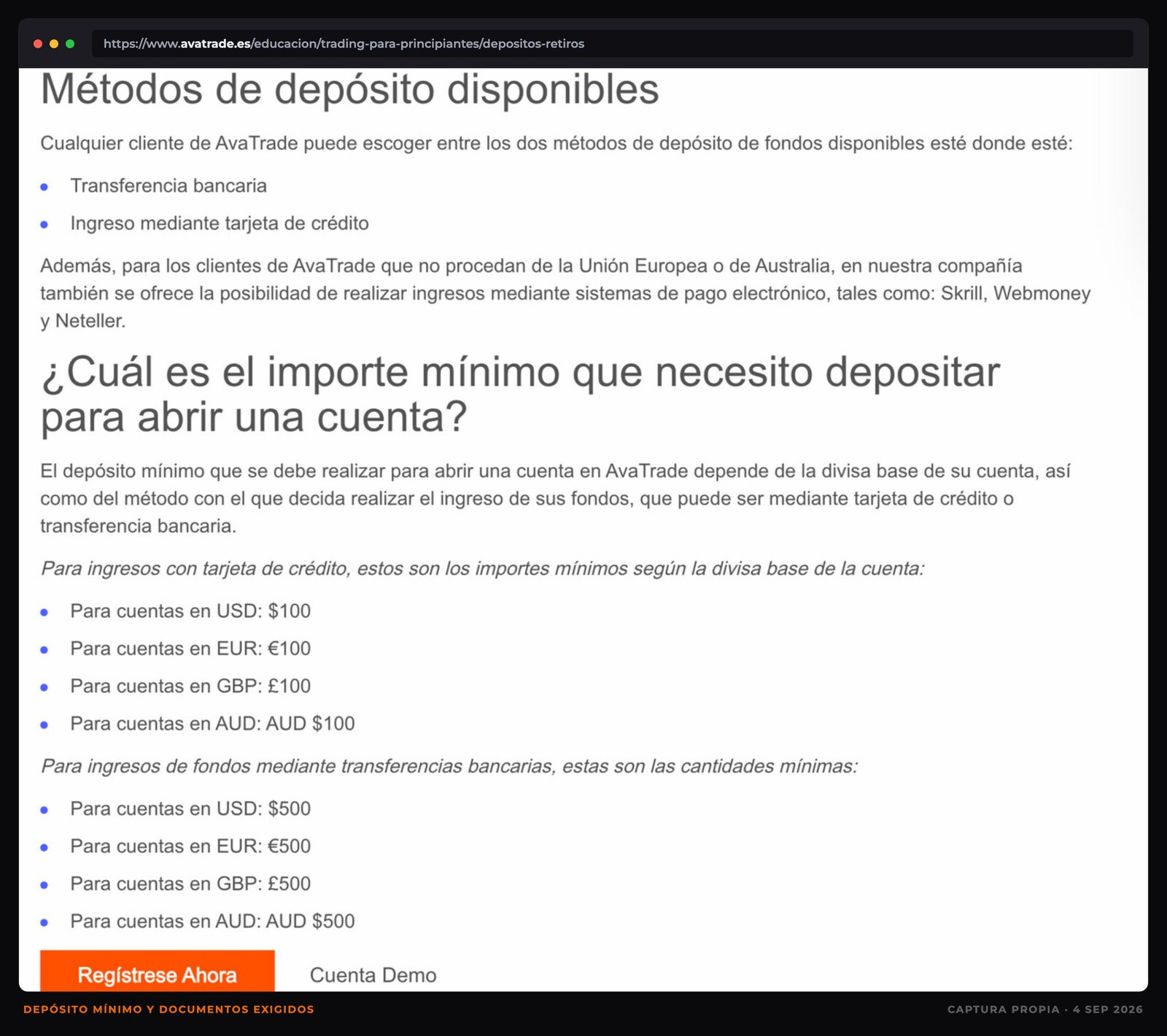 Captura de la política de depósitos de AvaTrade: métodos disponibles, importes mínimos de 100 USD, EUR, GBP o AUD con tarjeta de crédito y 500 con transferencia bancaria, y documentos de verificación exigidos