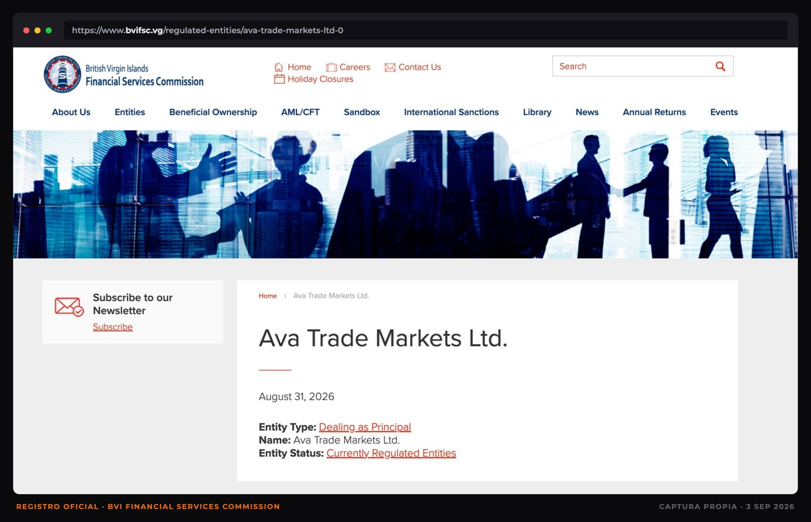 Captura del registro oficial de la BVI Financial Services Commission mostrando a Ava Trade Markets Ltd con estado Currently Regulated y tipo de entidad Dealing as Principal, actualizado el 31 de agosto de 2026