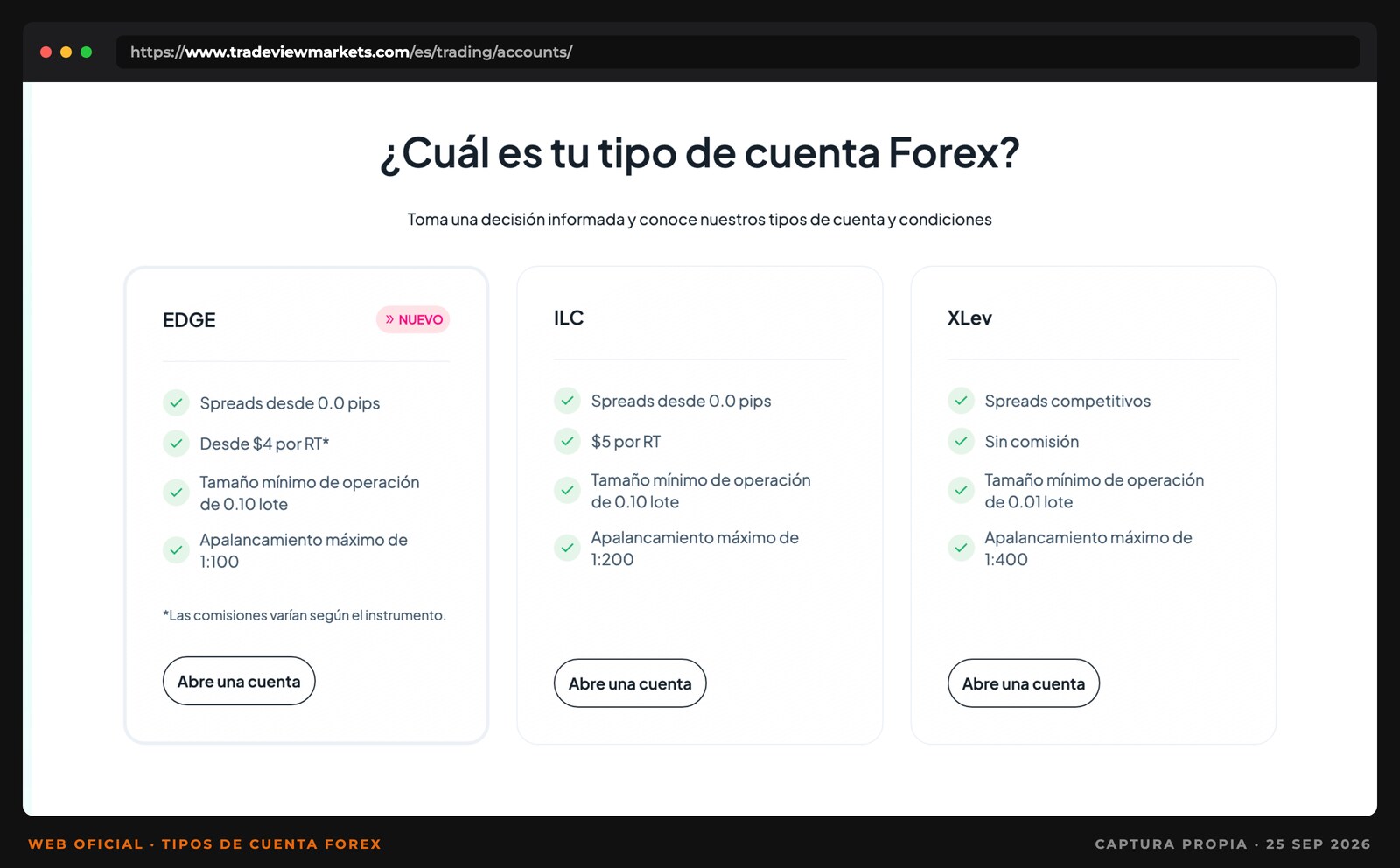 Captura de la web de Tradeview Markets con los tres tipos de cuenta Forex: EDGE, ILC y XLev con sus comisiones, lote mínimo y apalancamiento
