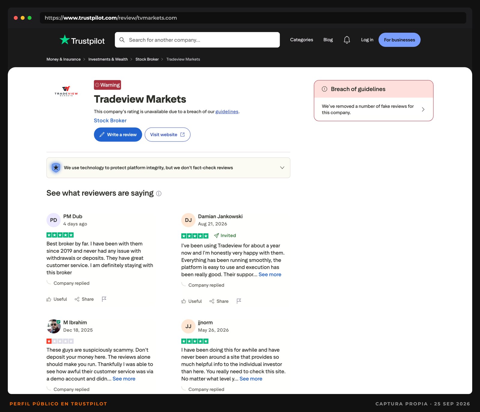 Captura del perfil de Tradeview Markets en Trustpilot con el aviso de nota no disponible y reseñas falsas eliminadas