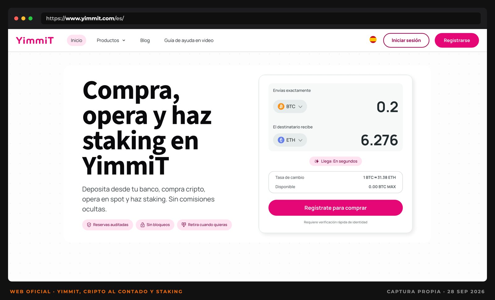 Captura de la web de YimmiT en español con el titular Compra, opera y haz staking en YimmiT