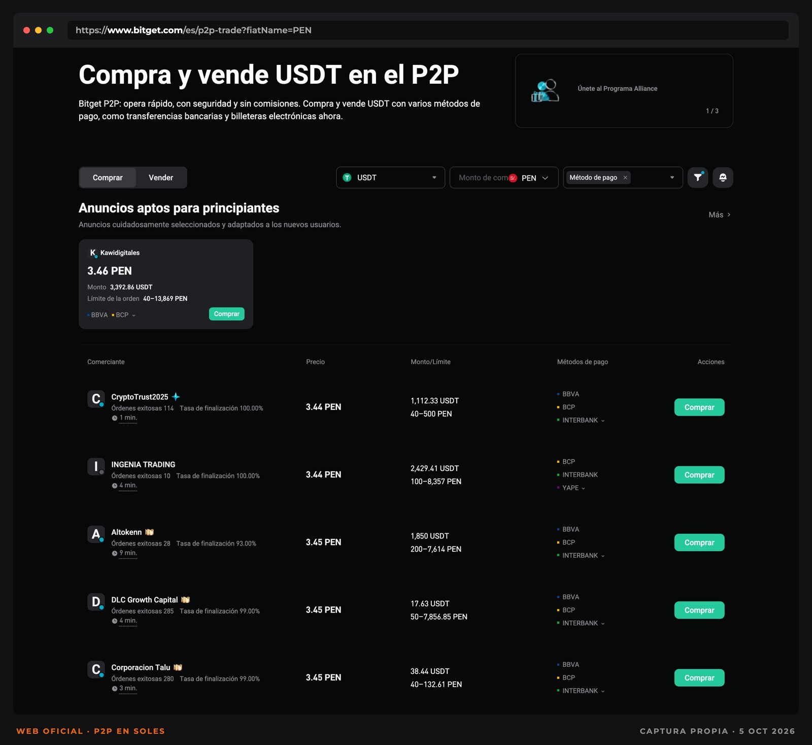 Captura del mercado P2P de Bitget en soles peruanos con vendedores de USDT a 3.44 a 3.46 soles y métodos de pago BBVA, BCP, Interbank, Scotiabank, Yape y Plin
